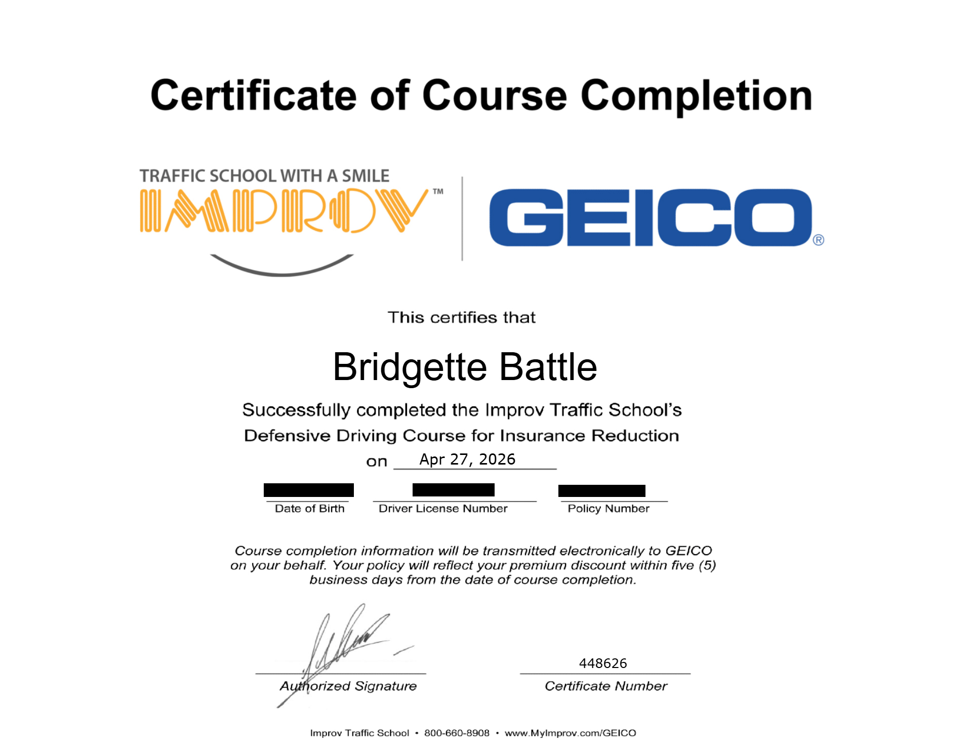 GEICO Completion Certificate 2026