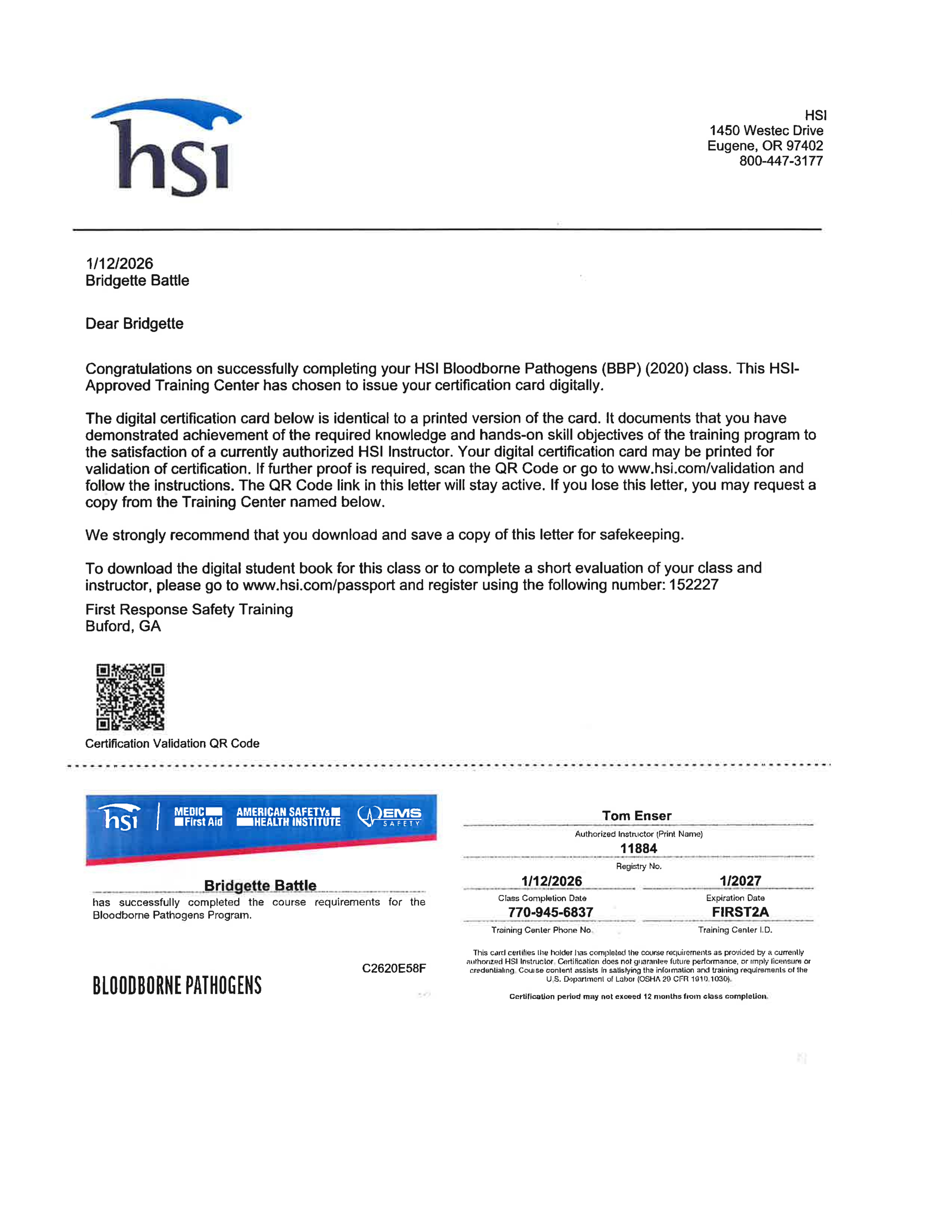HSI Health and Safety Certificate