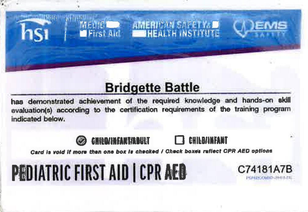 Pediatric First Aid CPR AED Card - Front